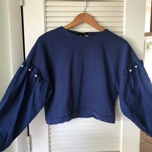 Blue Zara Long Puff Sleeve Top with Pearl Detail